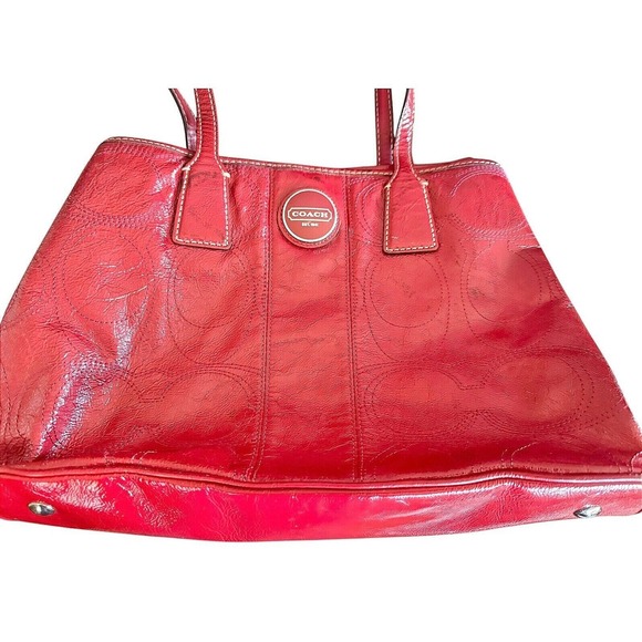 Coach Red Patent Leather Op Art Tote Bag Satchel Purse Designer Handbag 15x4x11" - Picture 9 of 16